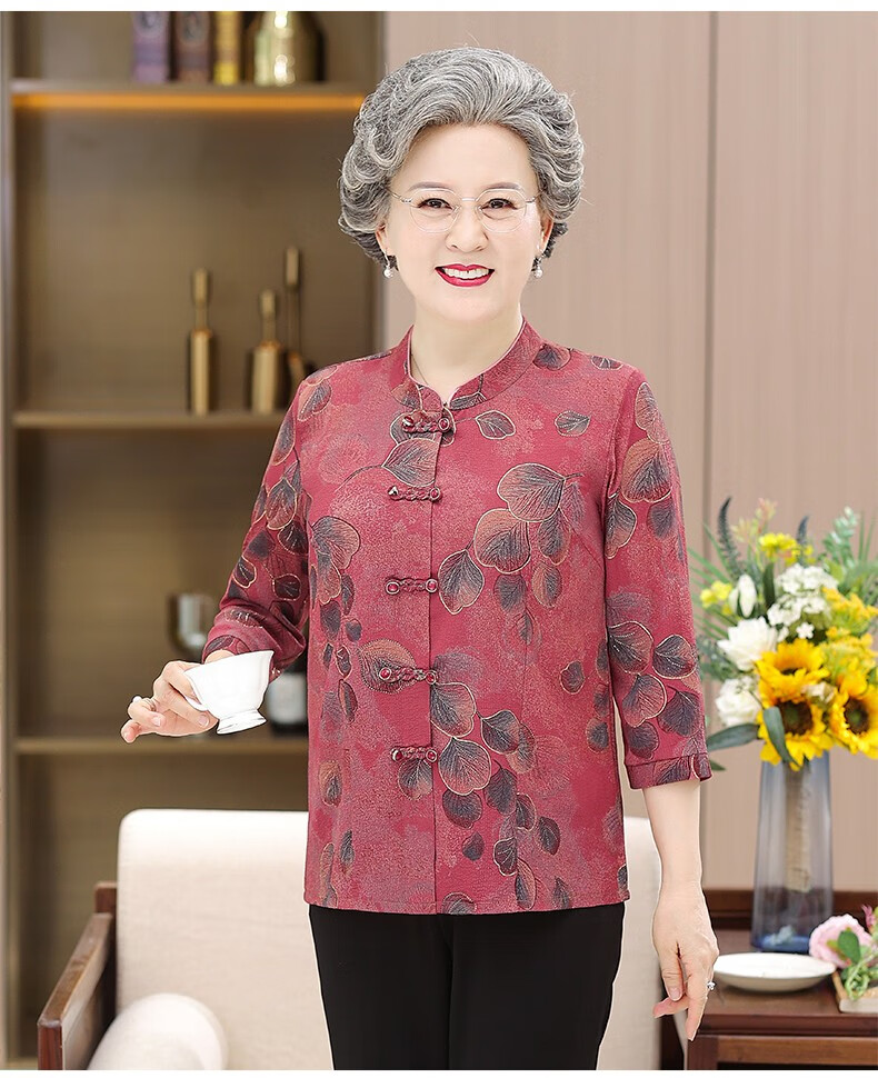 荨积中老耆夏装衬衫女奶奶套装老太太服装老人衣服妈妈装春夏唐装