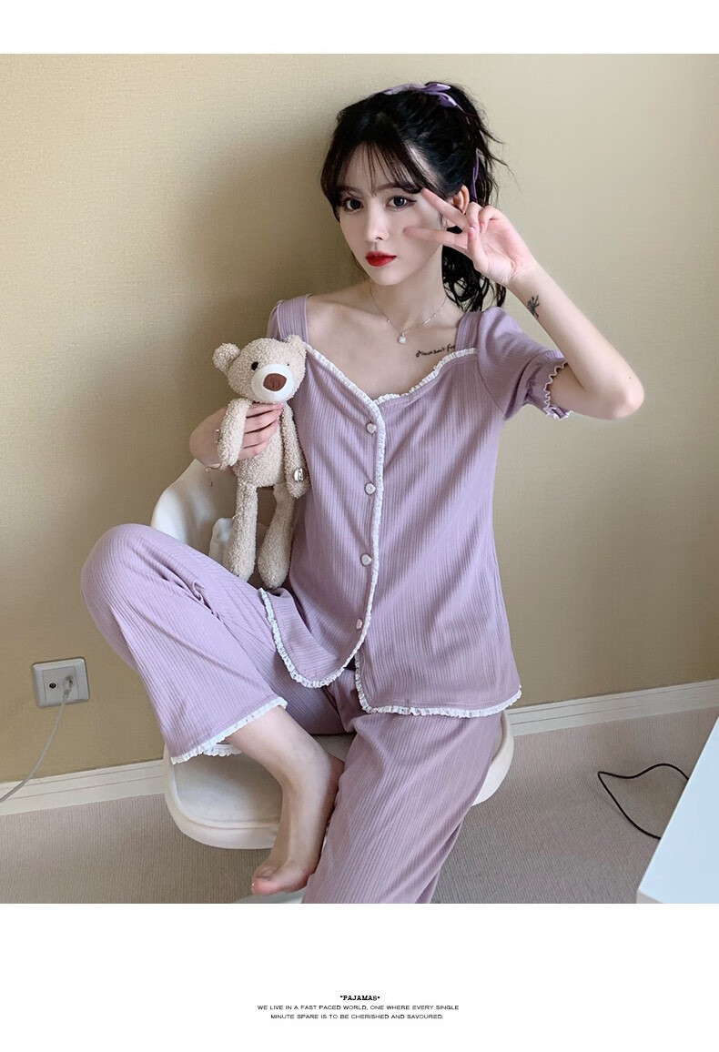 三件套睡衣女士夏季薄款棉质短袖长裤套装夏天纯棉甜美可外穿家居服
