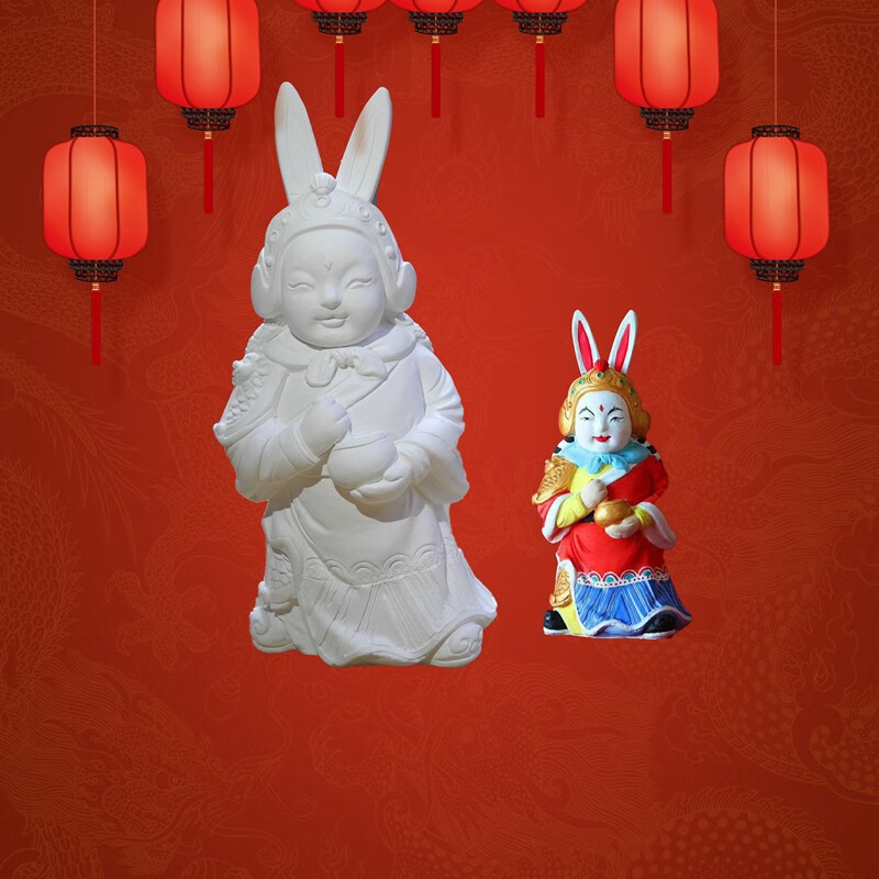 手工diy美术绘画兔爷白坯低温陶瓷石膏像兔爷学校教学骑龙白胚兔爷