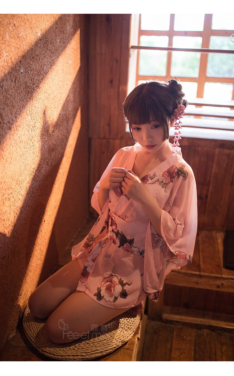 霏慕 日系雪纺开襟性感低领印花日本和服 女式情趣内衣