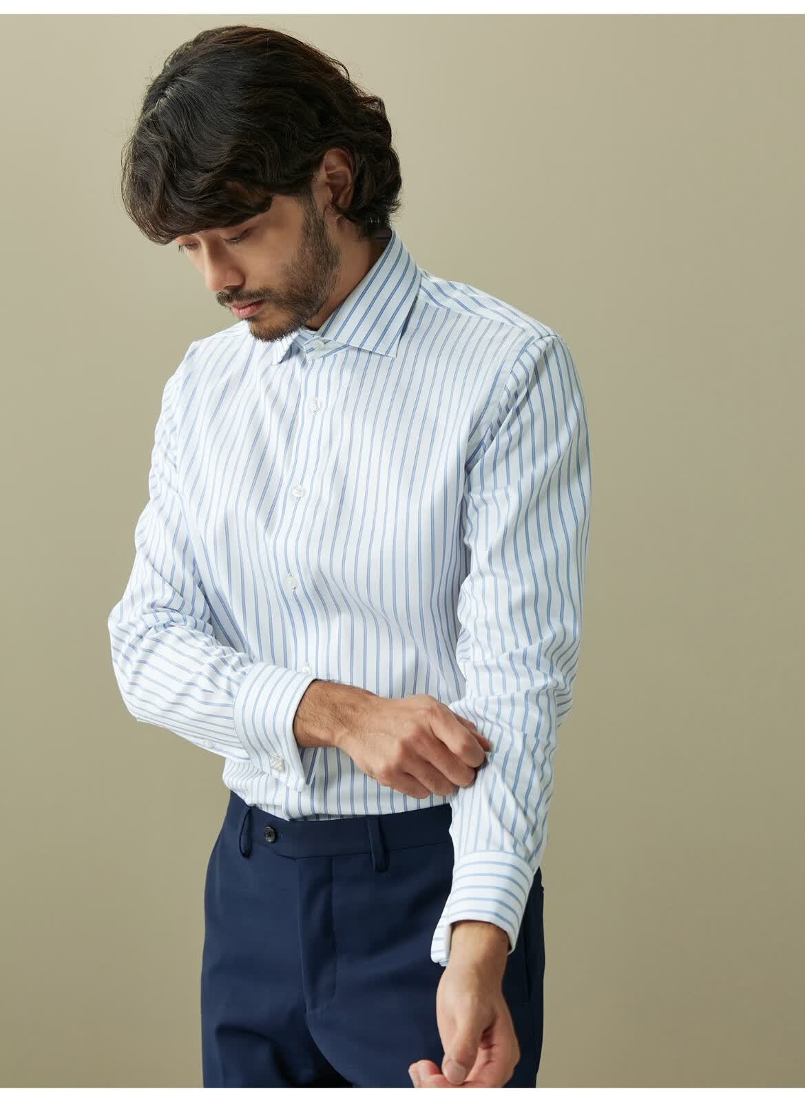 hany意式温莎领法式衬衫男正装高端条纹男士袖扣高领西装衬衣秋装马