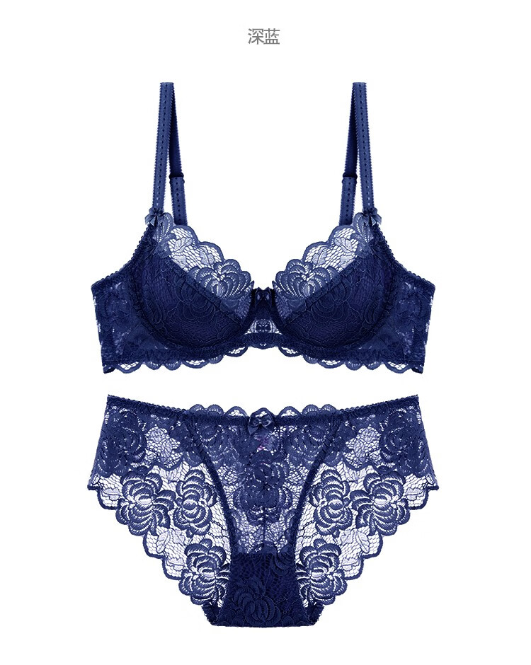 性感蕾丝文胸套装款聚拢大码显小d杯胖mm内衣胸罩无海绵夏季蓝色90c