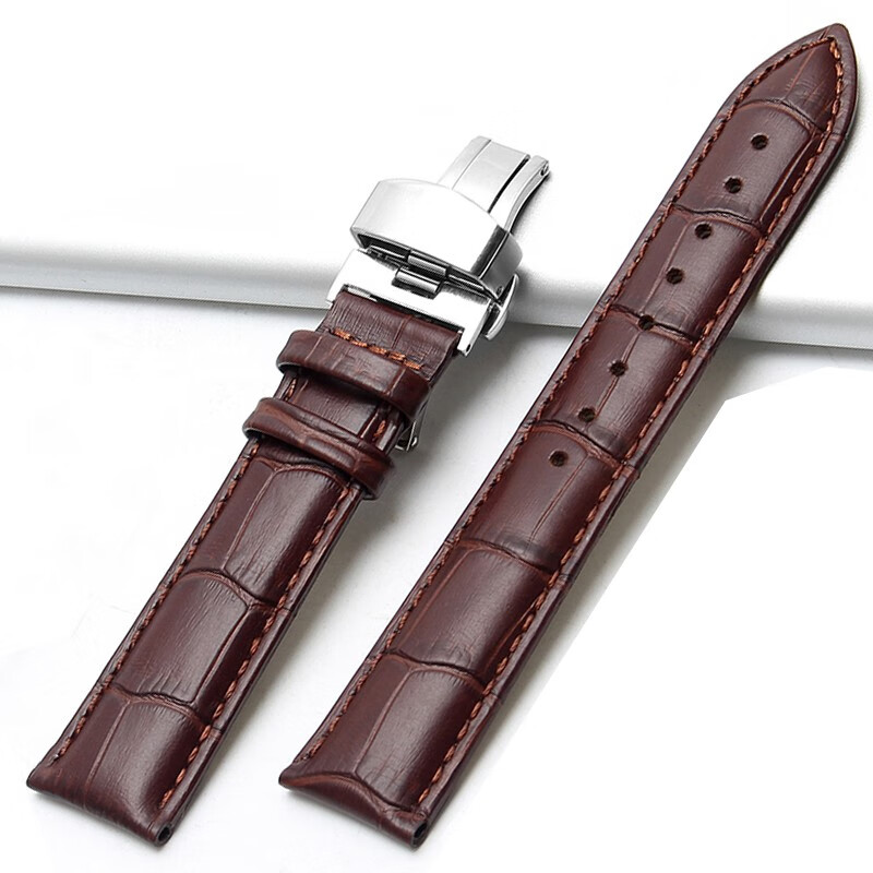 艾曼宁牛皮表带男防水蝴蝶扣配件手表带真皮女皮表带通用表带黑色白线