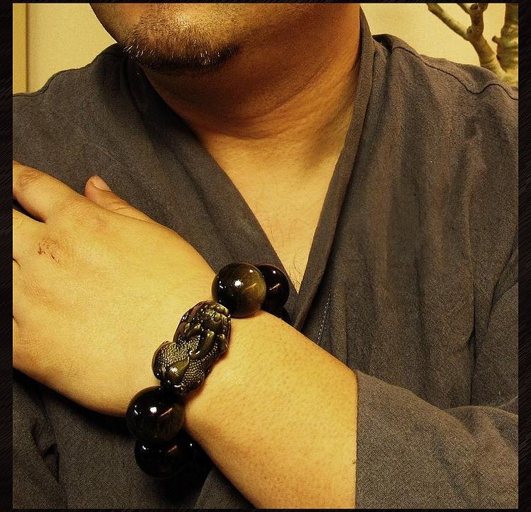 唐玛罕见25mm金曜石貔貅手链男金沙黑曜石手串粗大串珠子手把件