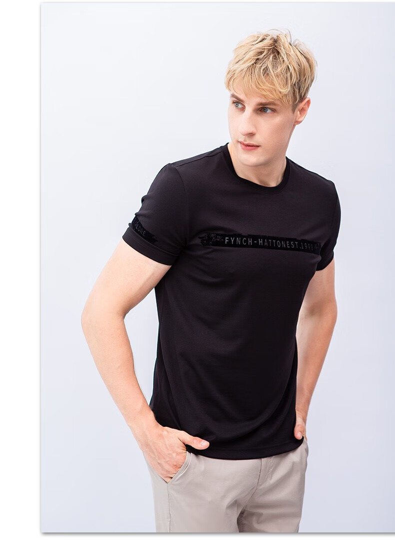 fynchhatton德国树休闲t恤男宽松棉圆领中青年纯色透气黑色l18096a