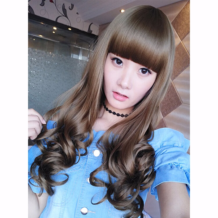 假发女长卷发大波浪梨花头内扣齐刘海假发套自然中长直假发 浅金色