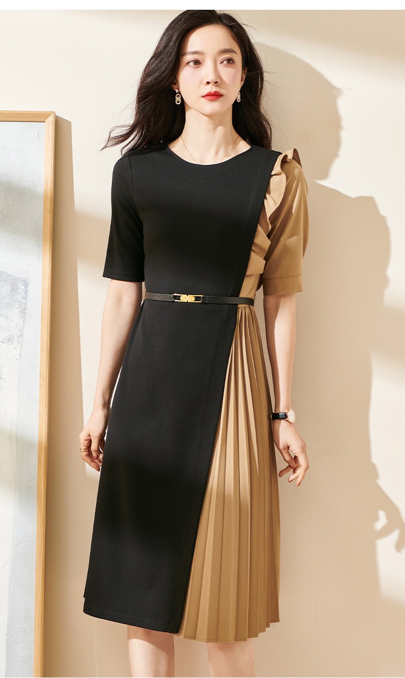 歌珀莱品牌女装2022夏季新款时尚撞色拼接连衣裙设计感五分袖百褶裙子