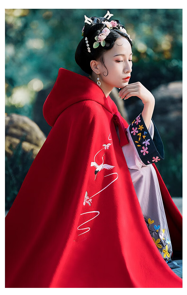 优娑汉服女2020秋冬新款原创毛领斗篷刺绣毛呢中长款加绒加厚披风外套