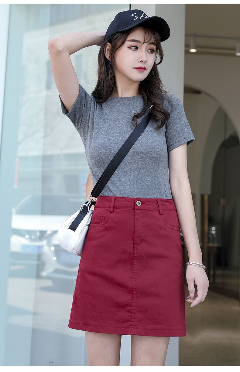酒红色高腰a字款牛仔短裙性感紧身女夏季包臀裙防走光内衬半身裙 黑色
