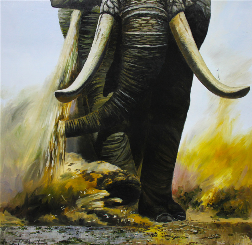 朝鲜一级画家 金钟守 《大象》1049 动物油画