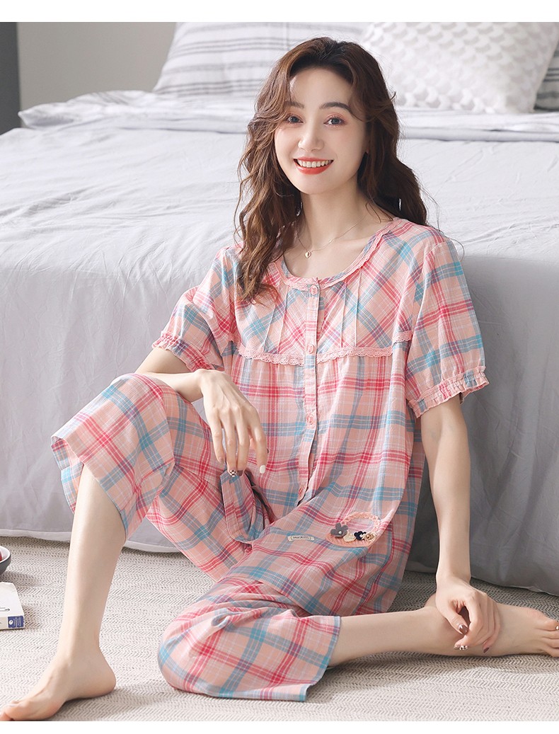 伯西亚品牌梭织棉纱布睡衣女夏季短袖七分裤薄款夏天女式宽松妈妈家居