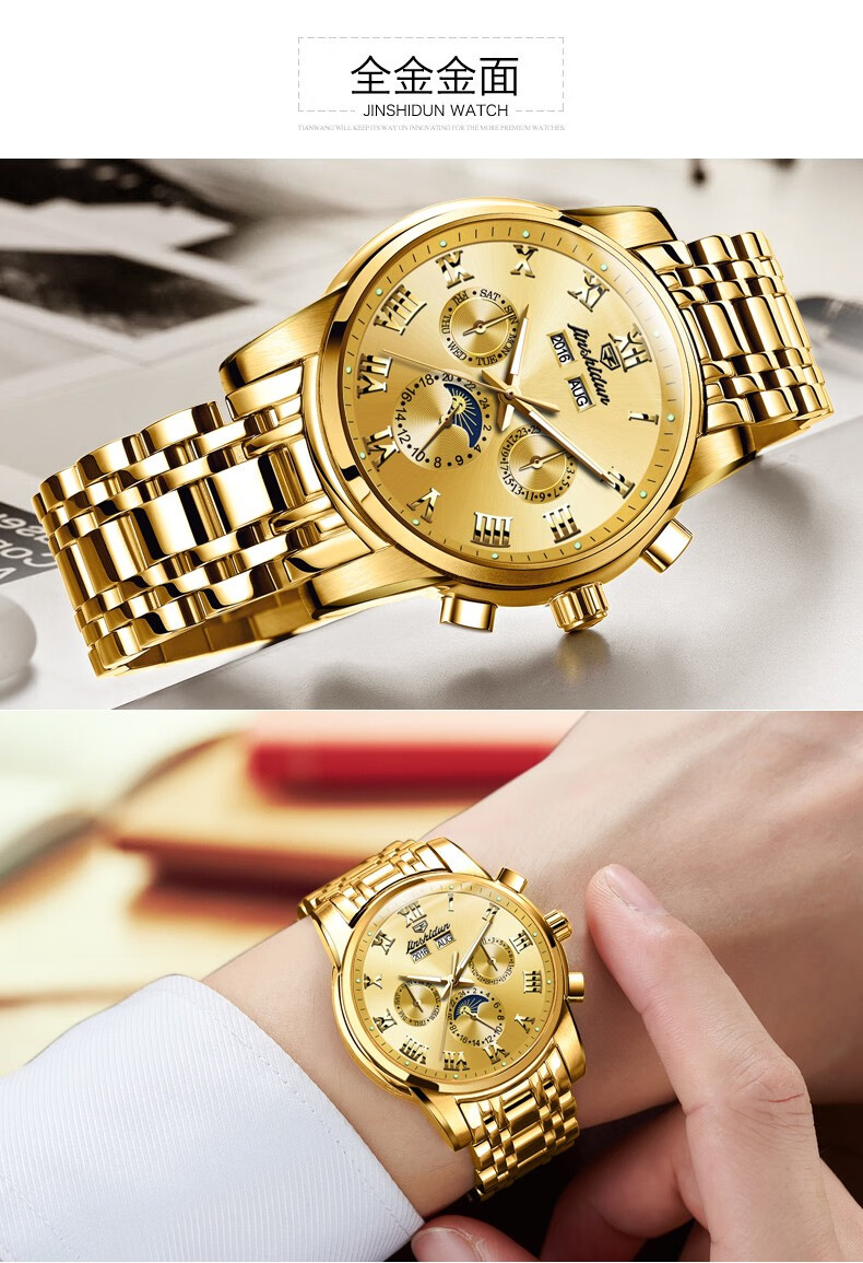 表男全自动机械表多功能夜光防水男士手表潮流月相腕表 金仕盾-8718