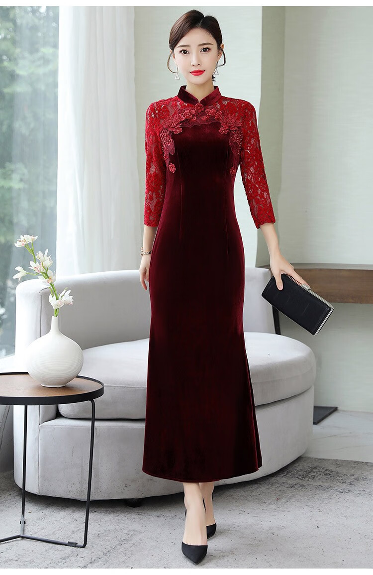 伊雪迩旗袍裙2020秋装新款金丝绒连衣裙气质中年妈妈装敬酒礼服过膝
