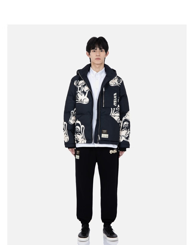【王一博同款】evisu 2022年秋冬新款 男士满地佛头印花羽绒外套 黑色