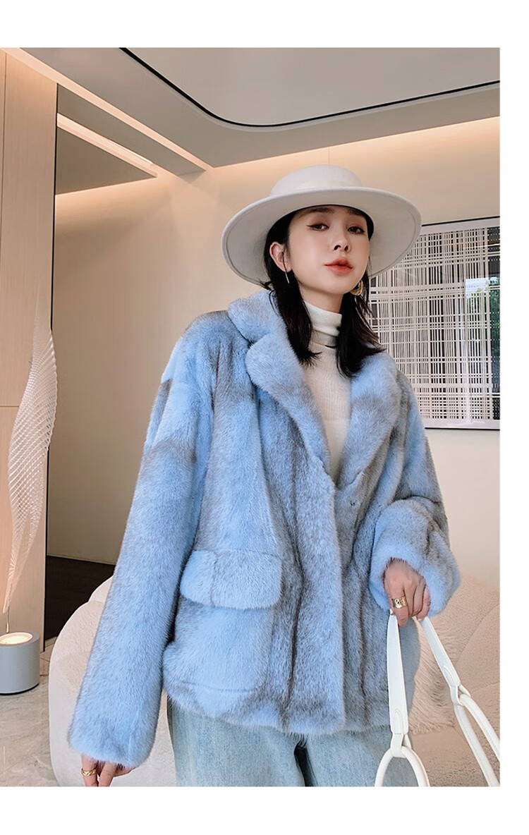 狄派斯 进口银蓝十字貂整貂皮草外套大衣女士时尚休闲水貂裘皮草短款
