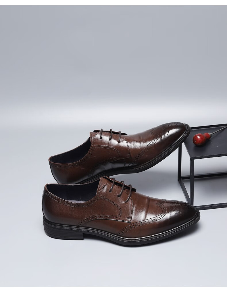 皮鞋男布洛克雕花真皮休闲英伦尖头软皮软底手工皮鞋棕色44正装皮鞋码