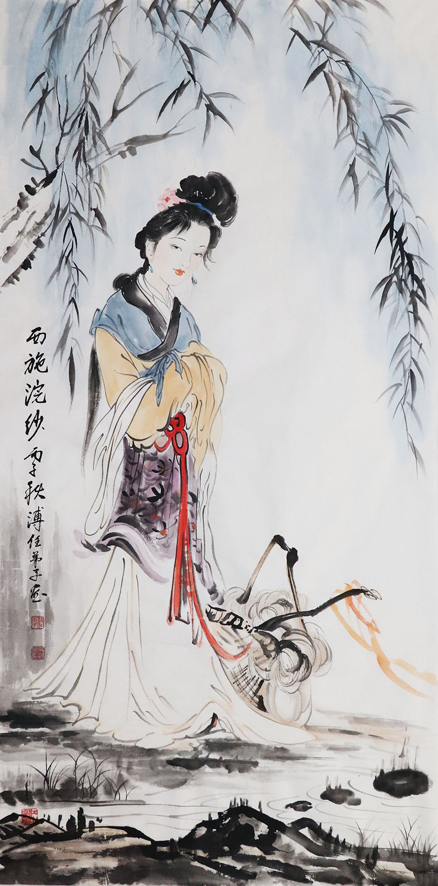 爱新觉罗 溥任弟子 80高龄 吴彩光 旧藏【西施浣纱】 亲笔授权 纯手绘