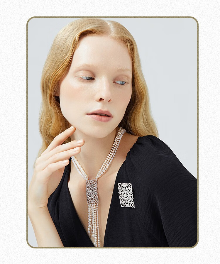 shes茜子配饰品 穆夏 璀璨方形吊坠珍珠项链复古颈链毛衣链女时尚锁骨