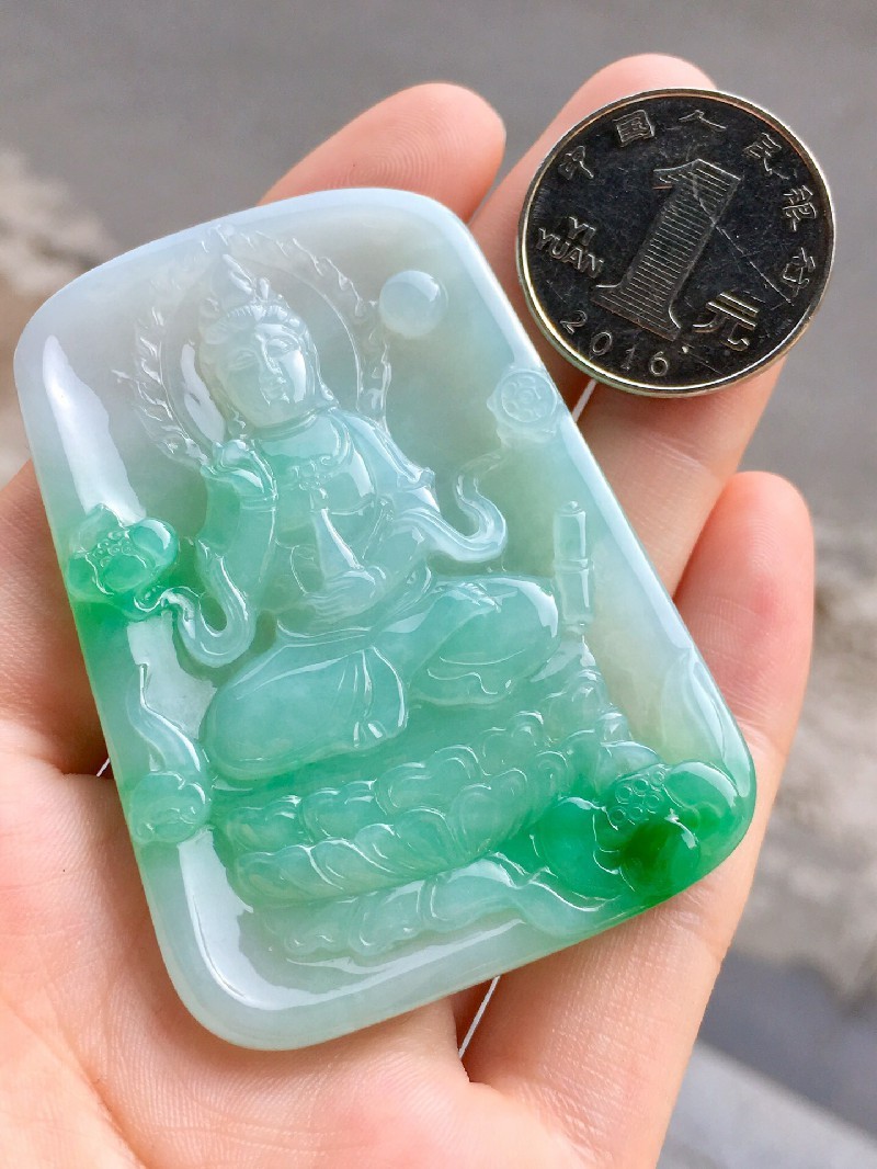 绿翠天成翡翠冰糯种飘阳绿观音牌吊坠缅甸a货翡翠送礼送老公送男友送