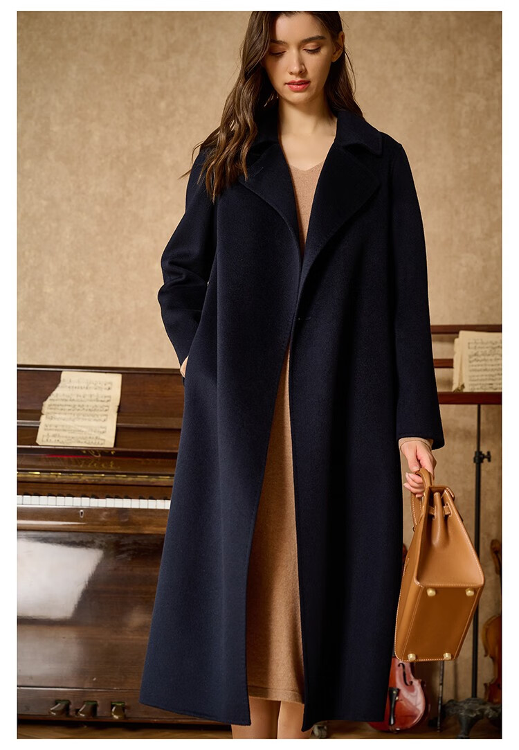 瑟俐品牌高端藏青色双面100纯山羊绒大衣女中长款毛呢外套2022秋冬