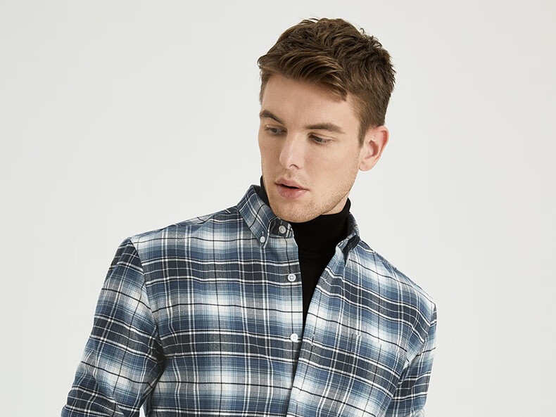 100%新疆长绒棉it男格子衬衫男秋冬装略厚款长袖渐变模糊格纹衬衣 sf