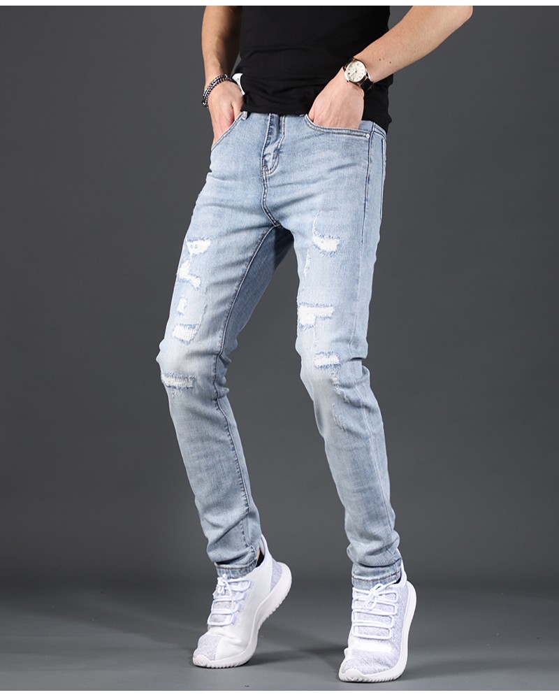 墨森尼破洞牛仔裤男潮牌修身小脚浅色秋季潮流乞丐休闲弹力男士裤子 s