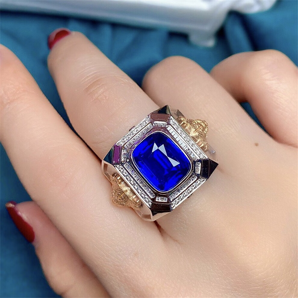 墨辰珠宝天然皇家蓝蓝宝石男戒福虎生威彩色宝石18k金镶嵌裸石重量558