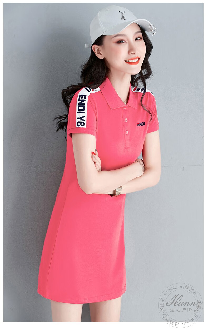 hunnz品牌运动网球裙女夏季2022新款polo领中长款连衣裙短袖羽毛球裙