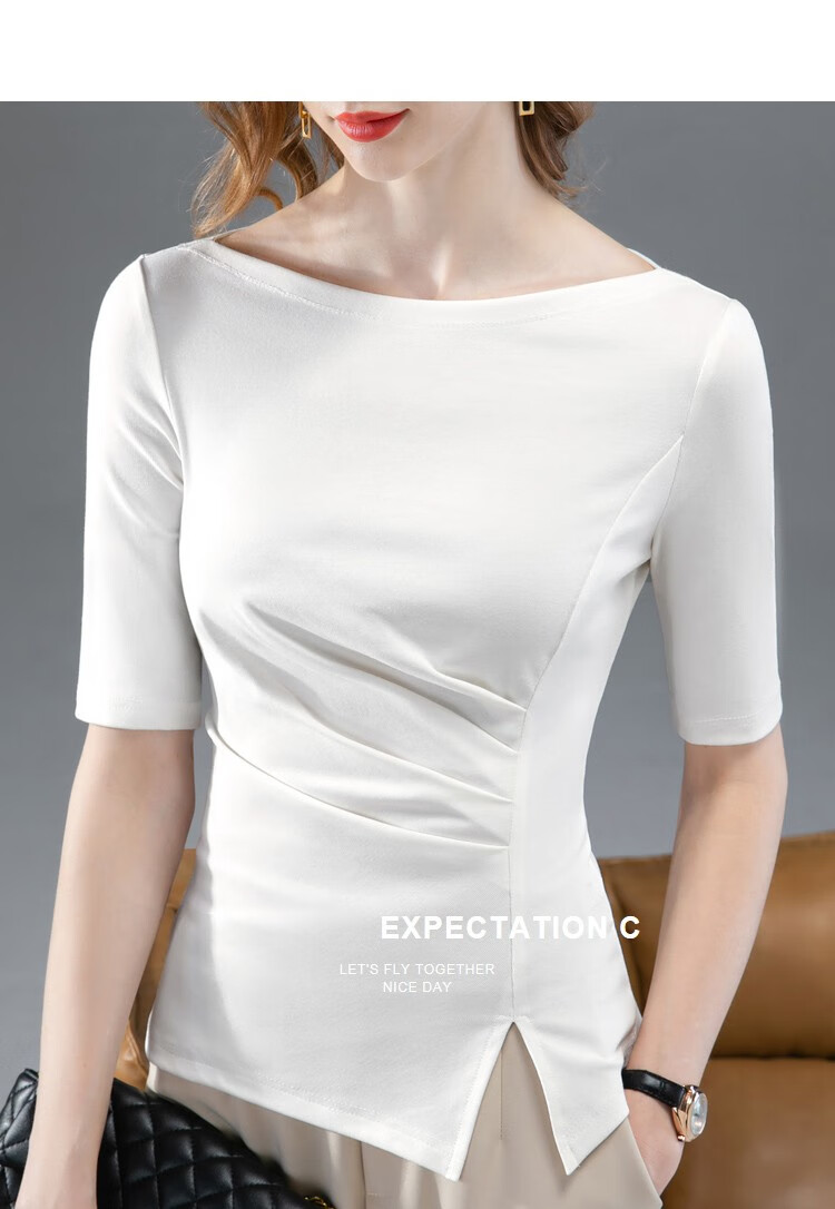 aensy白色中袖t恤女2022春夏新款紧身一字领齐肩纯色上衣百搭休闲女士