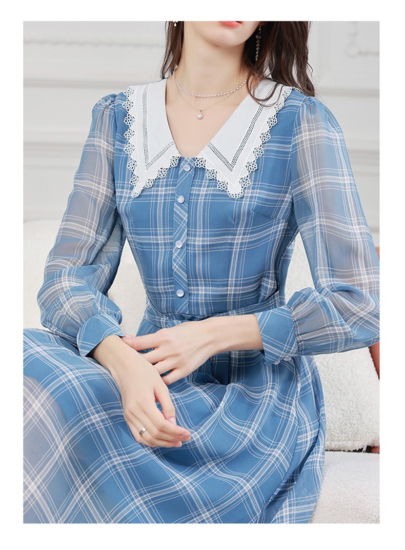 末希若品牌蓝色雪纺格子连衣裙女春2022春装新款气质收腰娃娃领长袖