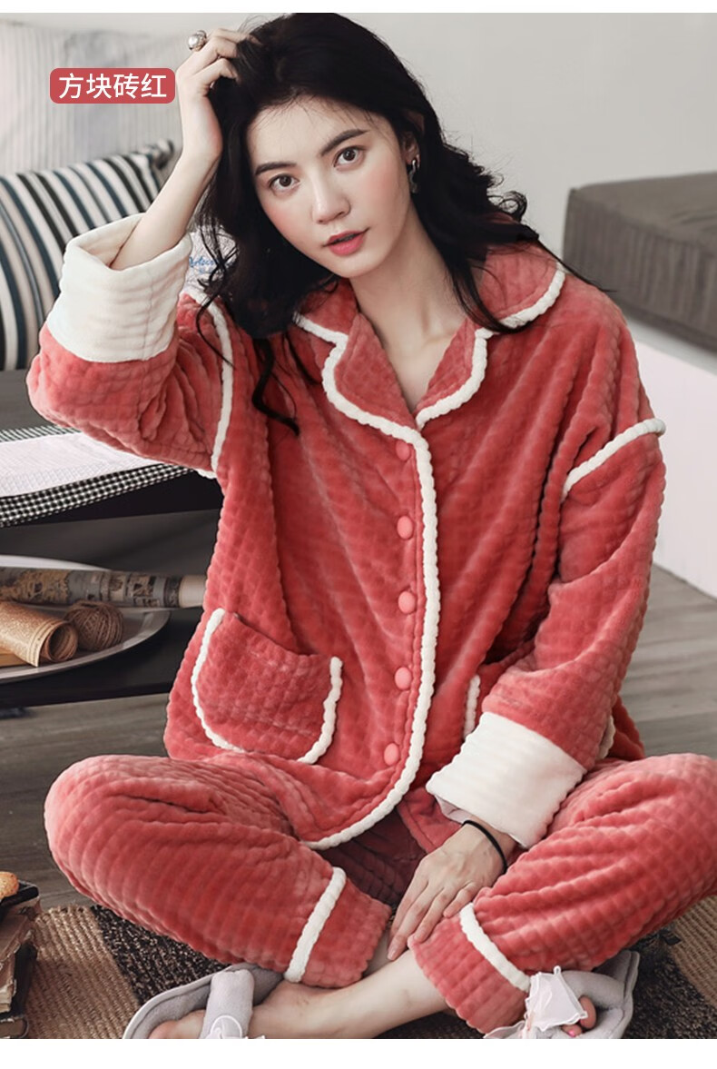 上海故事 睡衣女秋冬季加厚加绒新品珊瑚绒法兰绒女士家居服休闲可外