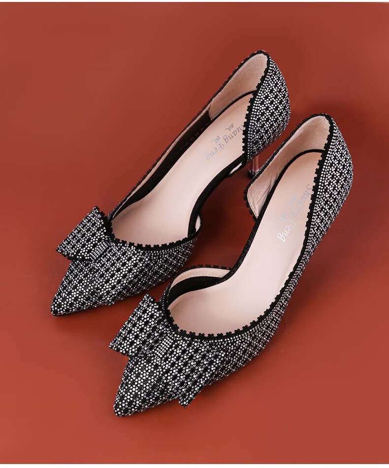 双凤2022春款时尚尖头蝴蝶结仿水钻淑女风女鞋92a-2003 杏色 37【图片