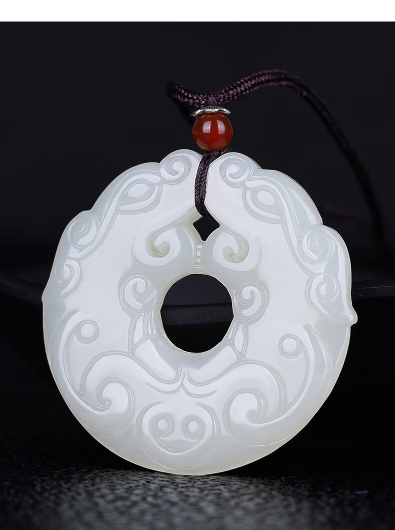 瑱瑜珠宝和田玉白玉双龙护主玉坠男女生肖属龙双面雕圆形龙牌项链吊坠