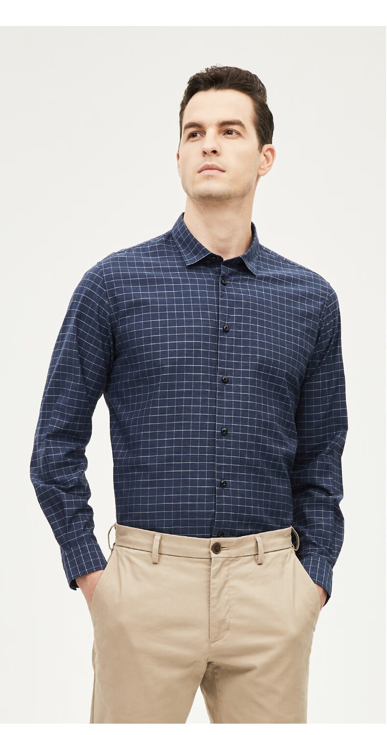 鲁泰(luthai)纯棉柔软水洗商务休闲男士格纹长袖衬衣 深蓝格 s【图片