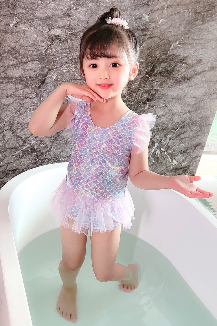 恒孞童装女童七彩美人鱼网纱泳衣连体露背可爱公主度假游泳衣女孩沙滩