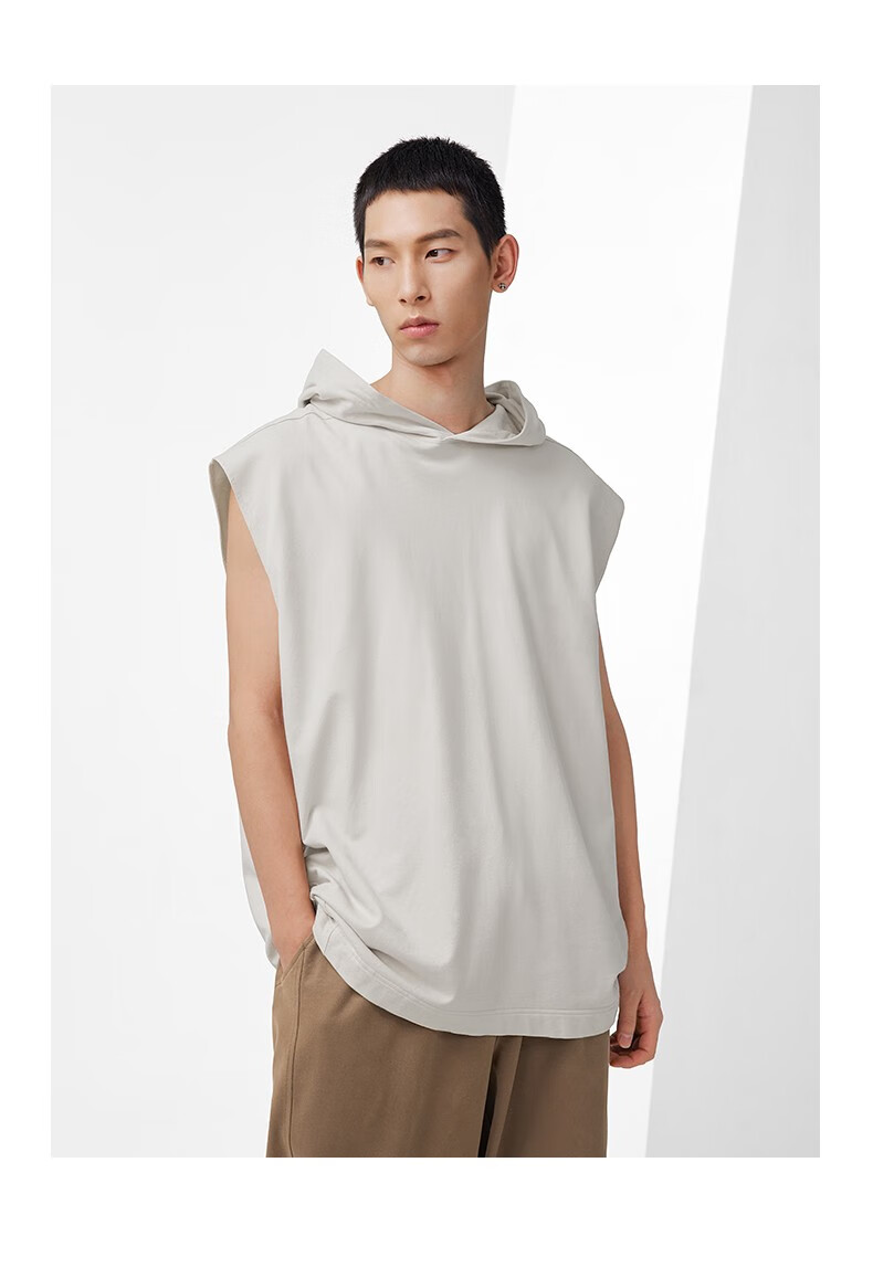 bodydream夏季新款无袖帽衫纯棉针织美式休闲潮流宽松连帽背心男 灰色