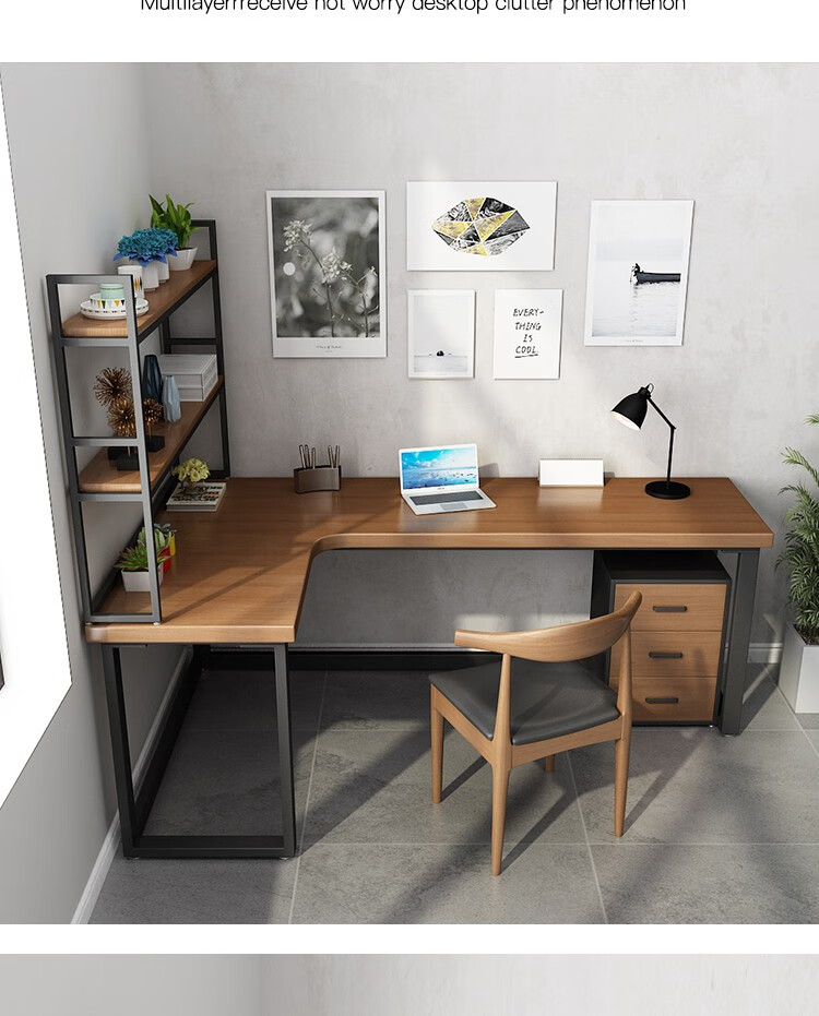 沐铂北欧实木现代简约电脑桌家用卧室书桌台式l转角铁艺桌椅组合桌长