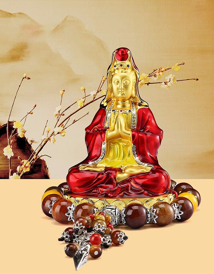 奥迪汽车摆件车载香水座观音菩萨佛像车内饰品彩绘观音红色红玛瑙水晶