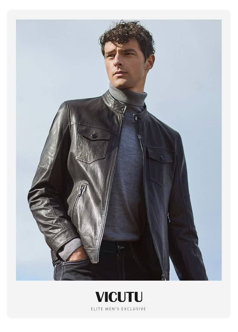威可多vicutu男士皮衣羊皮立领修身皮夹克男时尚复古皮衣外套vrw