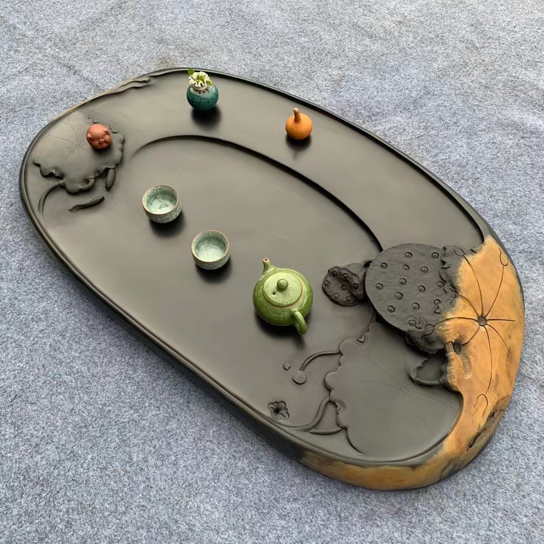 汉宫非遗歙砚茶盘家用排水茶海办公室高档泡茶托盘手工雕刻山水高端