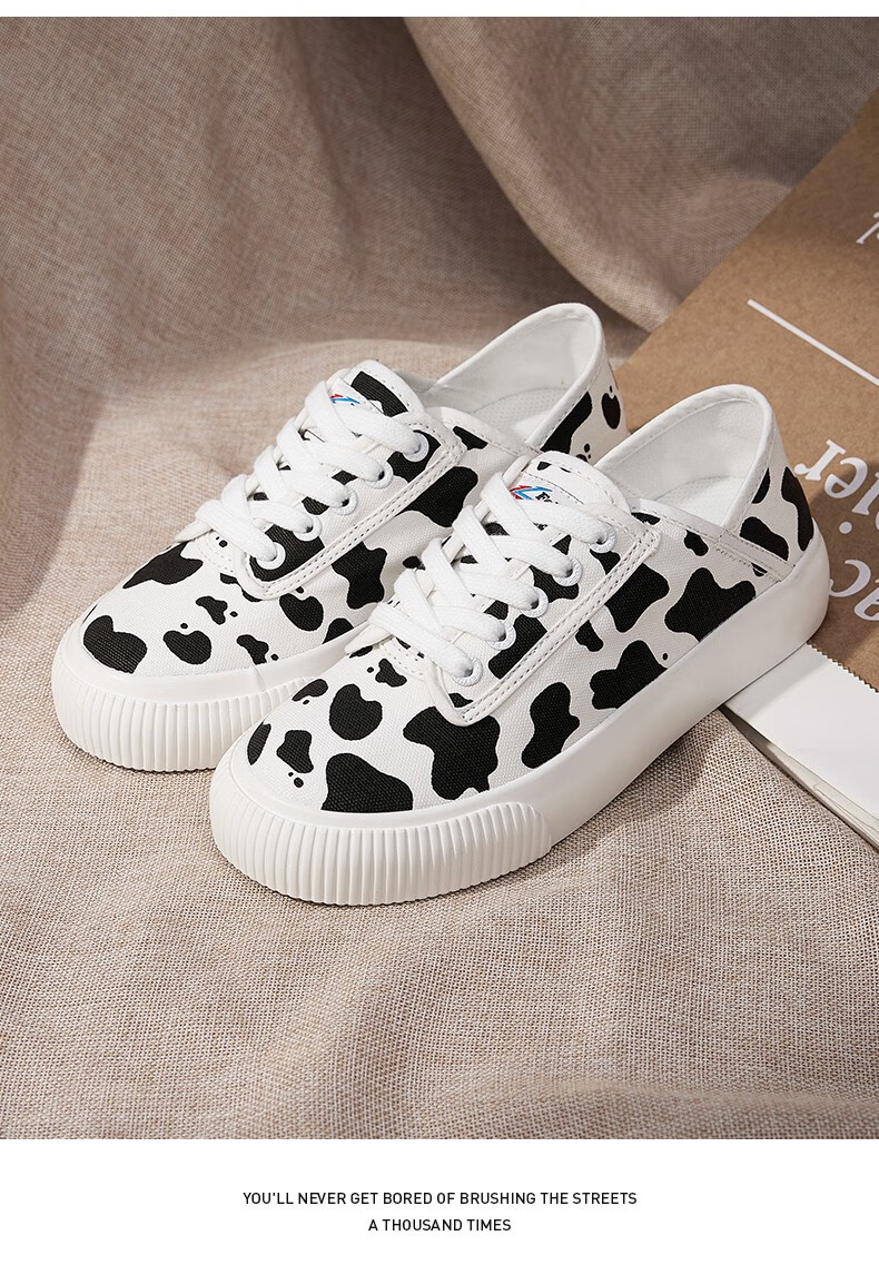 飞跃奶牛帆布鞋女2022夏季新款可爱拼色软底休闲鞋百搭街拍低帮鞋2390