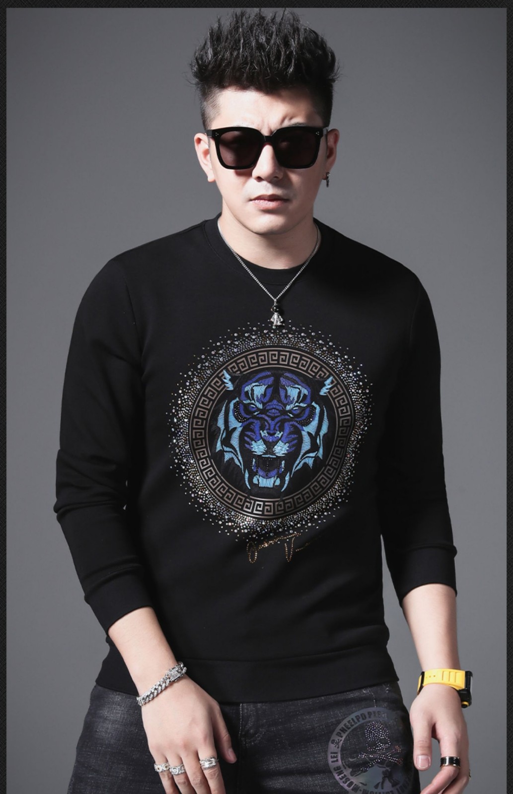 gazgiz香港潮牌秋冬霸气老虎头烫钻卫衣男美式超火休闲印花打底衫上衣