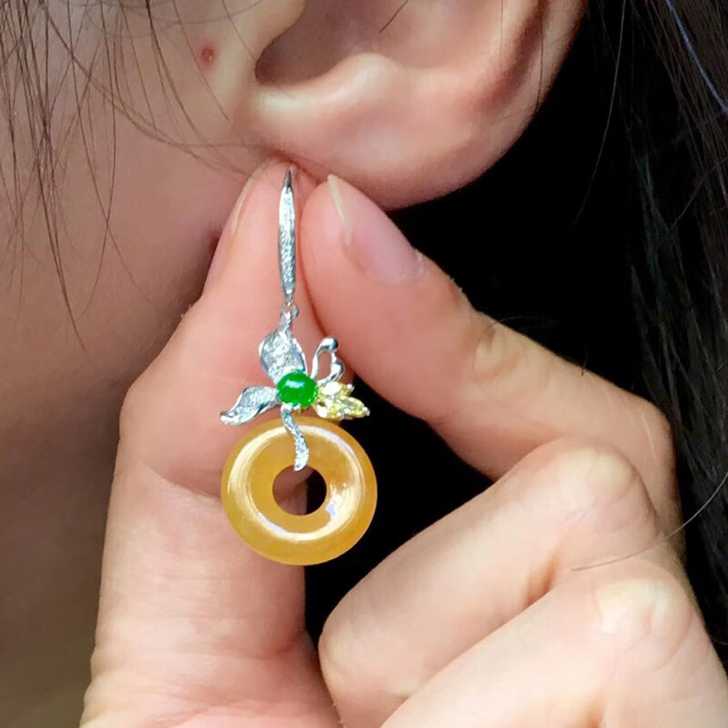 月亮翡翠 黄翡平安扣翡翠耳钉耳饰 18k金镶嵌珠宝首饰缅甸天然a货翡翠