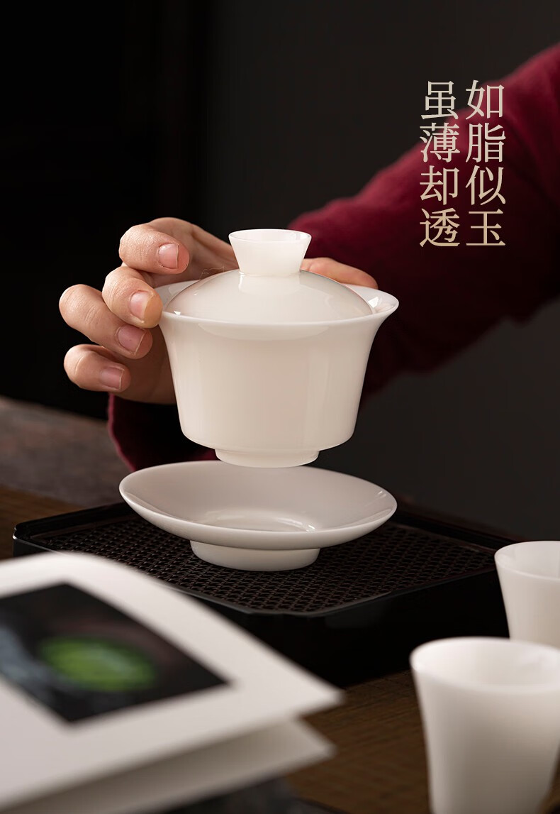 黄乾堂德化白瓷冰种玉瓷茶具套装三才薄胎盖碗茶杯高档单个不烫手泡茶
