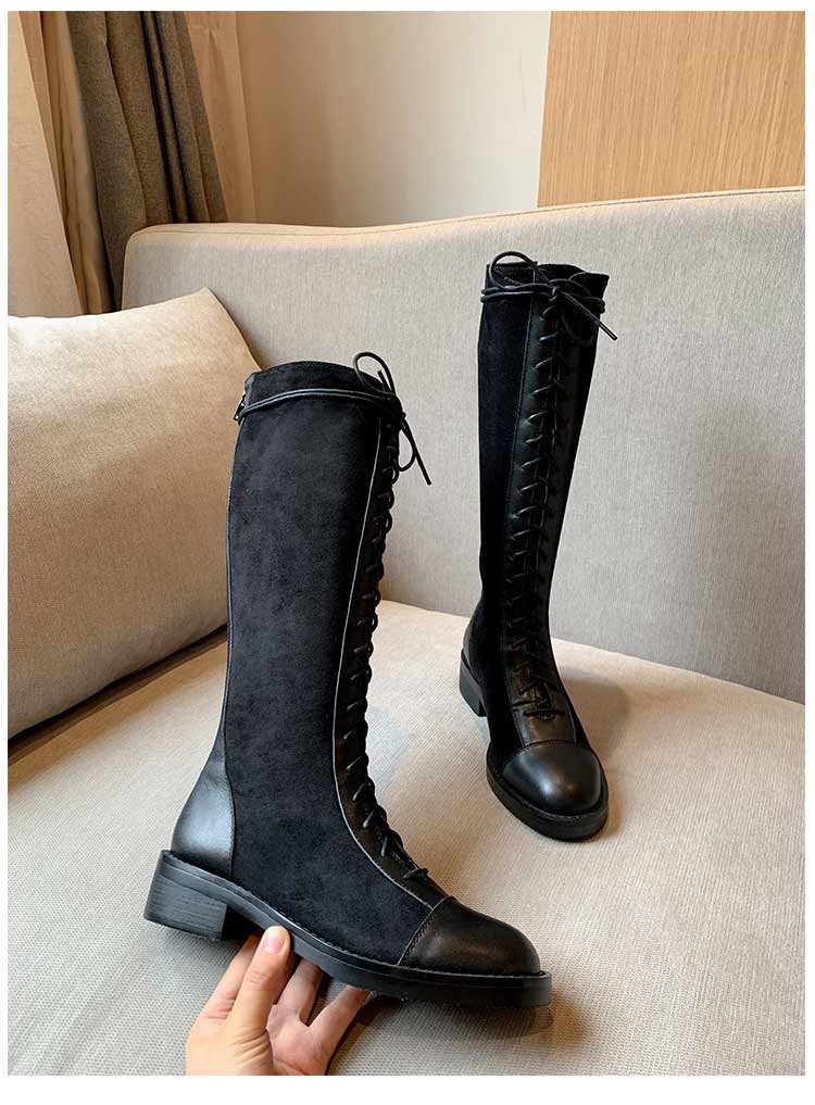 catranzo品牌靴子女2020年秋冬季新款长筒靴系带骑士高筒靴粗跟真皮不