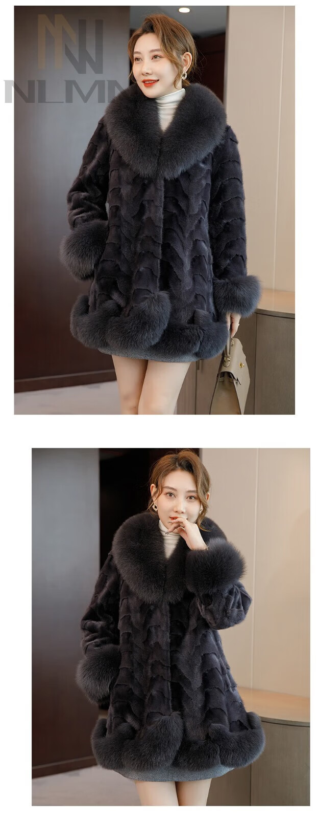nlmn 水貂皮草女冬季加绒保暖中长款狐狸毛领貂皮大衣皮草外套女 米白