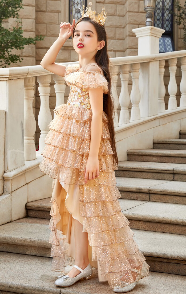 boerss 公主裙女童蓬蓬纱洋气纱裙主持走秀演出儿童礼服拖尾蛋糕裙