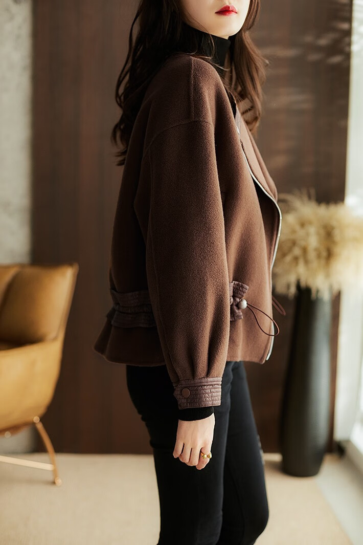 秋冬2020新款潮流时尚小众设计感抽绳收腰宽松显瘦减龄上衣潮 咖啡色