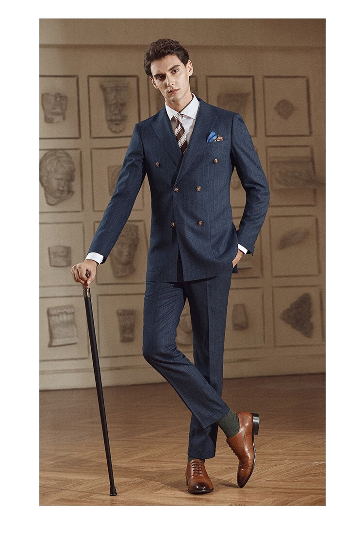 busycon西服男套装深蓝条纹双排扣戗驳领英式正装高端商务休闲宴会