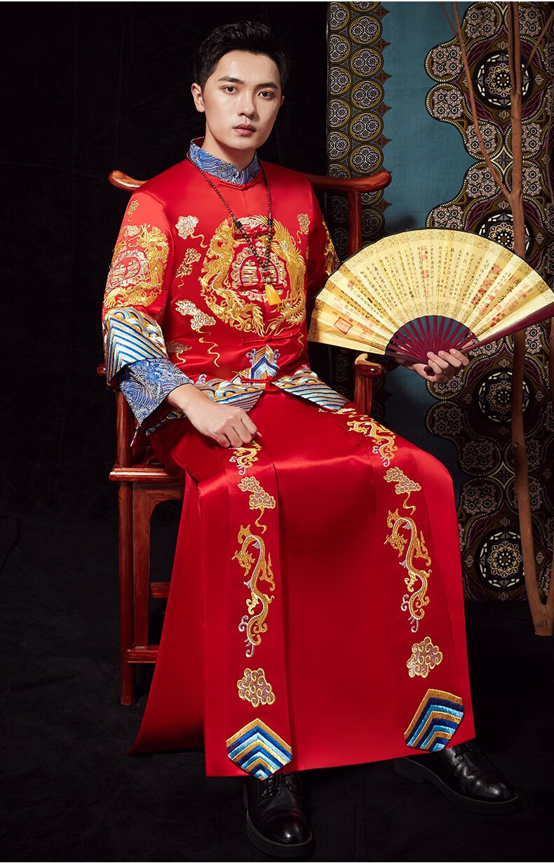 新郎秀禾服中式结婚礼服大码长衫马褂古装龙凤褂男款唐装敬酒服男款